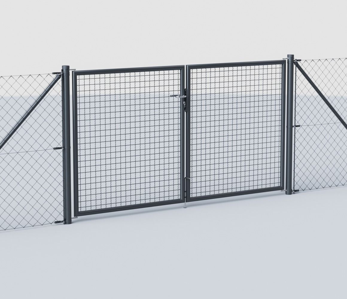 Wellengitter-Doppeltor RAL 7016 Anthrazit integriert im Maschendrahtzaun