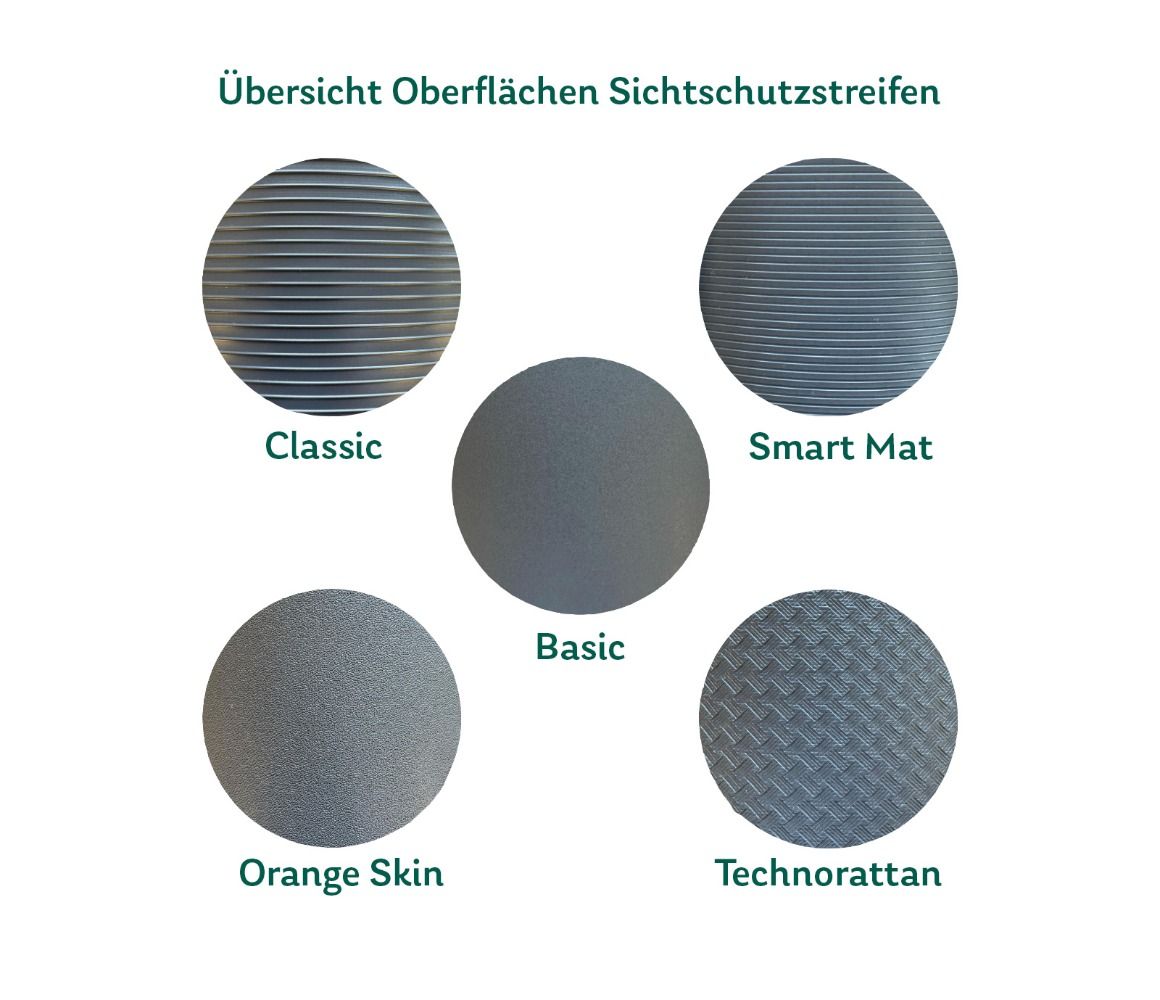 Übersicht Oberflächenstruktur der einzelnen Sichtschutzstreifen-Modelle