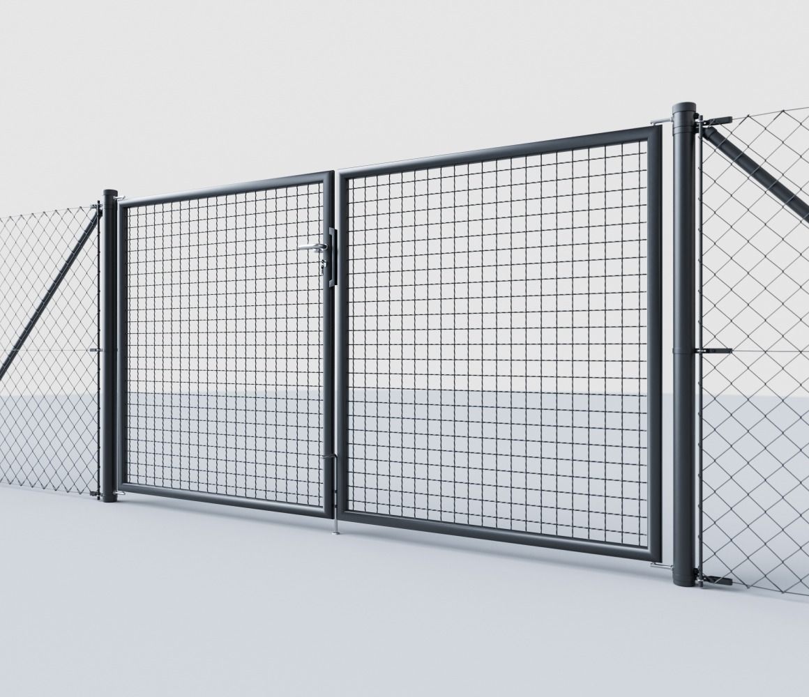 Wellengitter-Doppeltor RAL 7016 Anthrazit integriert im Maschendrahtzaun