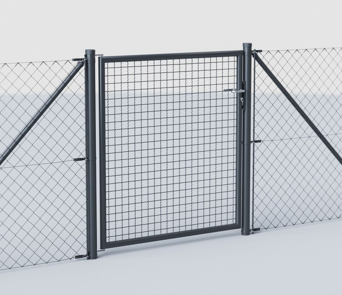 Wellengitter-Einzeltor RAL 7016 Anthrazit integriert im Maschendrahtzaun