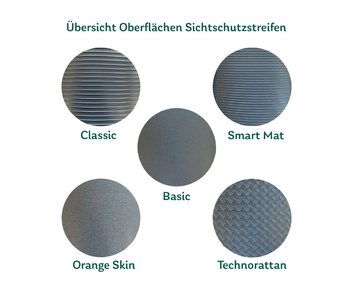 Übersicht Oberflächenstruktur der einzelnen Sichtschutzstreifen-Modelle