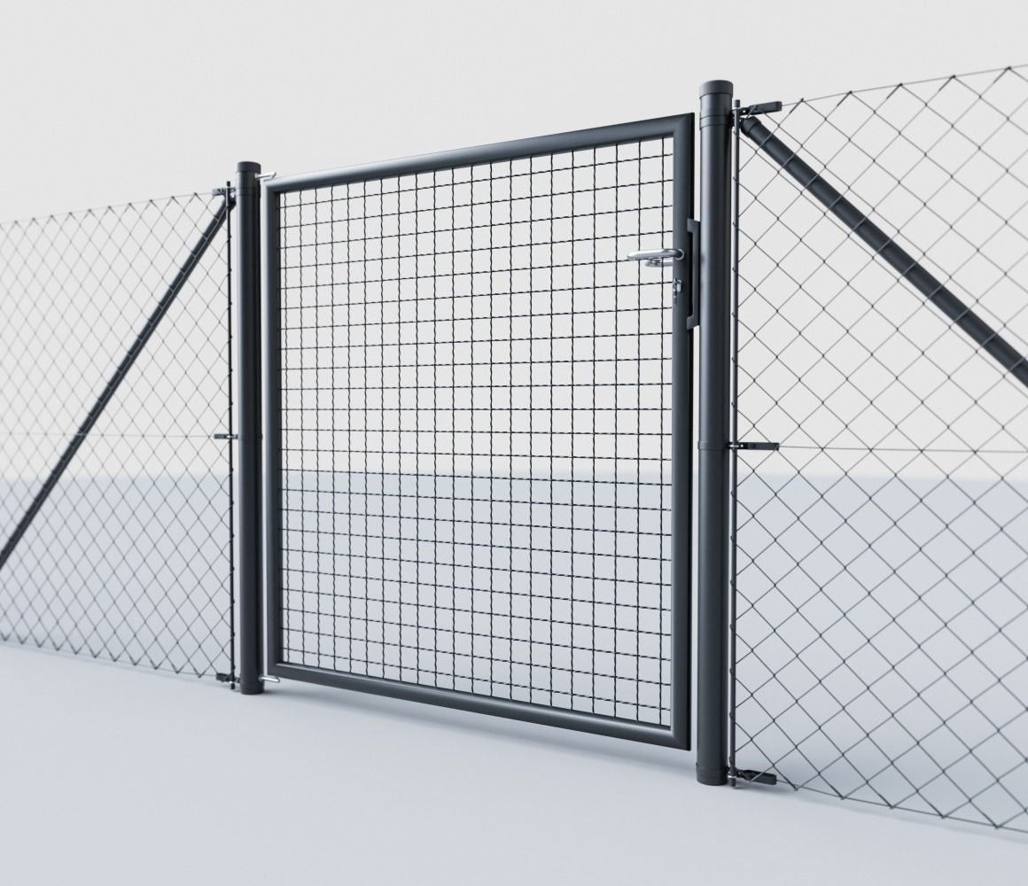 Wellengitter-Einzeltor RAL 7016 Anthrazit integriert im Maschendrahtzaun
