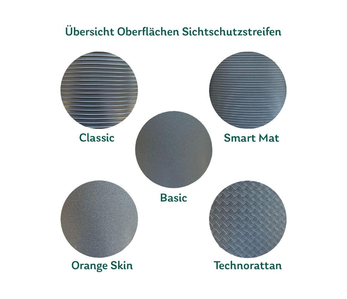Übersicht Oberflächenstruktur der einzelnen Sichtschutzstreifen-Modelle